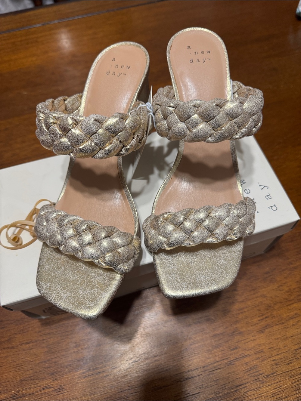 NWT & Box A new day Metallic Gold Braided Double-Strap Heeled Sandals